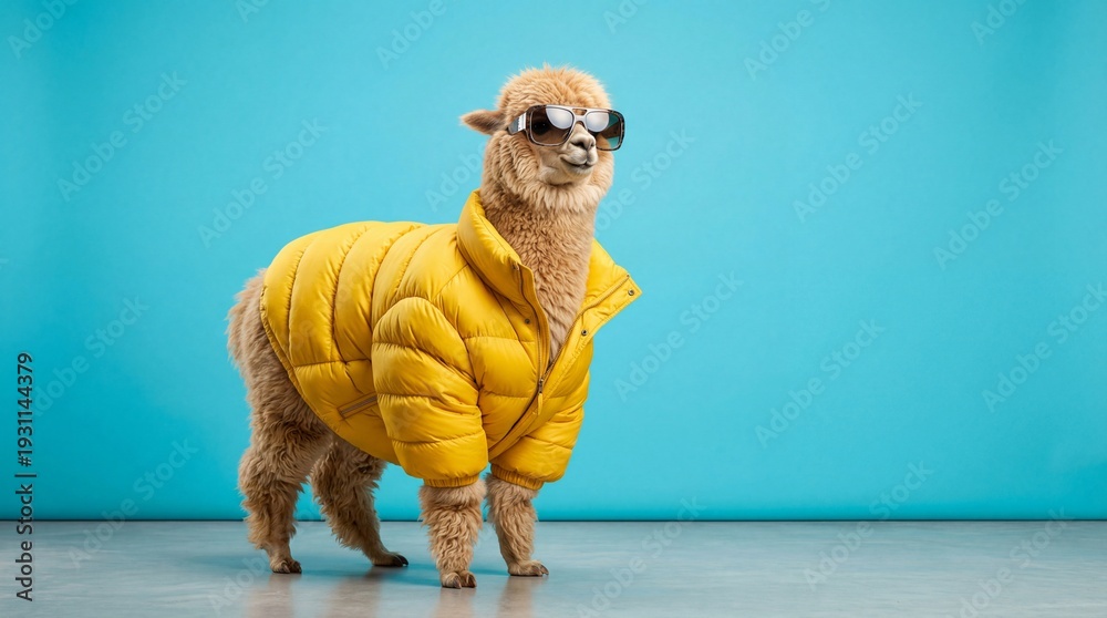 Obraz premium Funny alpaca wearing yellow puffer jacket and sunglasses on blue