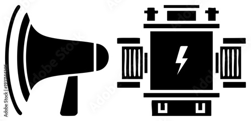 Public announcement speaker broadcasting energy, loudspeaker device, power source, amplifier, electricity symbol, broadcast equipment, transmission graphic.