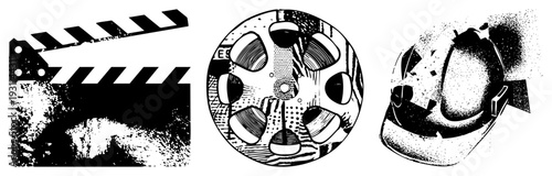 Classic cinema equipment including clapperboard, film reel with perforations, and projector head, rendered in halftone and gritty texture. Synonyms movie gear, celluloid tools, film apparatus.