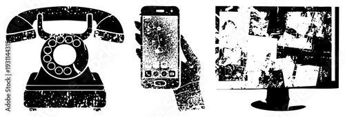 Retro rotary phone, modern smartphone held in hand, computer monitor displaying abstract data all rendered in distressed black and white vector art with gritty texture and bold silhouettes.