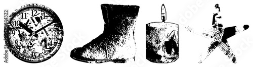 Weathered clock face, distressed rain boot, textured candle, cracked starfish vector with gritty texture, isolated elements for design use.