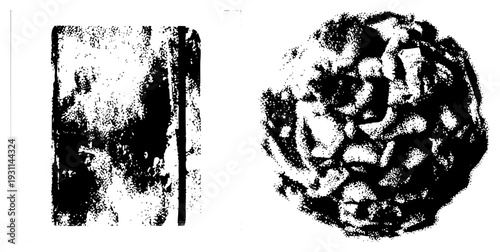 Grained halftone vector forms, stippled graphic elements, isolated texture, digital print artifacts, design motifs.