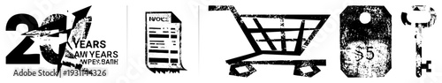 Grunge styled vector including shopping cart, invoice receipt, price tag, and key ideal for retail, finance, or e commerce design., distressed aesthetic.