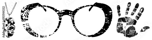 Retro styled eyeglasses, faceted crystal pendant necklace, textured handprint stencil, vector art, graphic design elements.