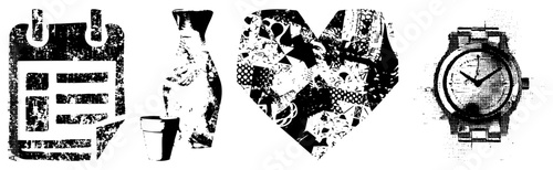 Set of four distressed calendar with, vase with pot, collage heart, analog watch all halftone vector graphics with gritty texture.