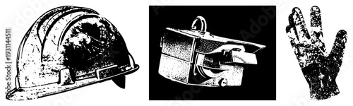 Three industrial safety items battered hard hat, aged hand plane, and stained work glove, all rendered in gritty halftone style.