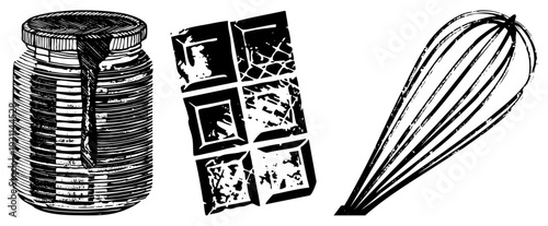 Classic glass jar with lid, broken chocolate squares, wire whisk, kitchen tools, culinary illustration, black and white vector art.