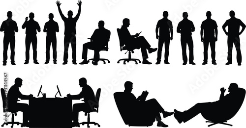 Collection of business people silhouettes in various poses including standing, sitting, working at desk and relaxing in chair isolated on white background
