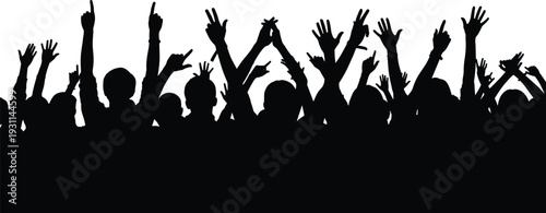 Cheering crowd silhouettes with raised hands celebrating at concert or festival event, enthusiastic audience isolated on white background illustration