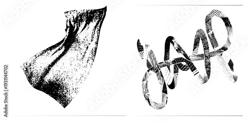 Stylized fabric with halftone shading, flowing textile form, abstract ribbon typography, graphic art, vector illustration, black and white aesthetic, dotted texture.