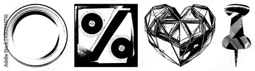 Abstract shapes including a stylized heart, vinyl records, and a pushpin rendered in bold and halftone textures. Modern graphic elements for design, branding, or digital interfaces.