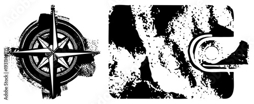 Nautical compass rose with textured strokes, abstract grunge letter C, vector art, isolated graphic elements, directional symbol, distressed typography.