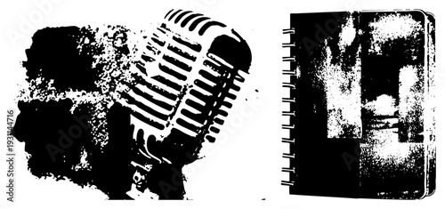 Classic microphone with grille and notebook with spiral binding, both rendered in gritty halftone, ideal for podcast or writer themes, graphic, retro aesthetic.
