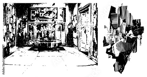 Bold vector urban with halftone & fragmented geometry perfect for graphic design, posters, digital art. Also called stylized or fragmented urbanism.