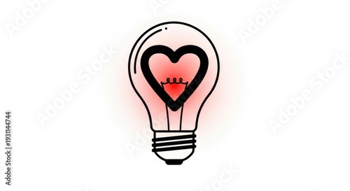 A glowing lightbulb contains a bright red heart symbolizing love and ideas.
