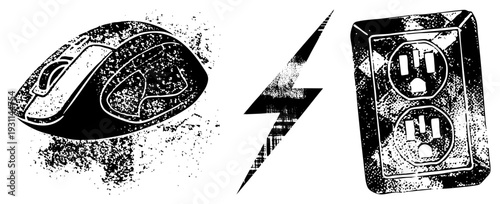 Wireless mouse to power source via electric bolt, tech, digital device, electrical connection, computer, power dependency, gadget illustration.