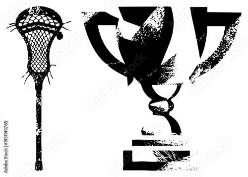stick with mesh net and trophy cup symbolizing victory, athletic gear, sports competition, team achievement, black and white graphic design.