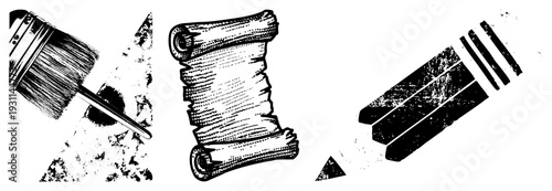 Classic art tools rendered in halftone style paintbrush with bristles, rolled parchment scroll, graphite pencil with eraser. Vintage illustration, artist’s kit, creative tools.