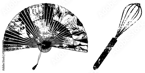 Hand drawn fan with mountain print and whisk tool, both in distressed ink style, culinary and cultural props, artistic art, vector.