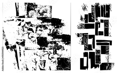 Bold black shapes with distressed halftone texture, graphic design elements, modern art composition, vector abstraction, stylized form.