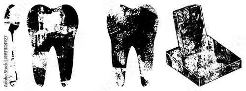 Dental instruments and tooth anatomy illustrations with distressed texture, black and white, medical education visuals, dental hygiene tools, orthodontic models.