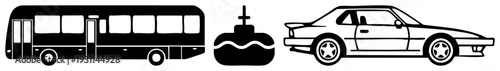 Silhouetted bus, submarine, and sports car vector. Transportation symbols, vehicle, transit graphics, stylized transport, clean art.