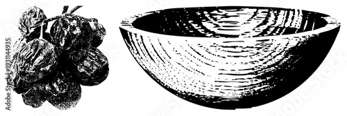 Black and white halftone illustration of wooden bowl and grapes, rustic fruit still life, engraved texture, graphic design element, isolated food.