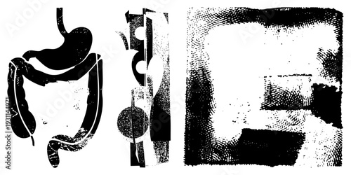 Stylized abstract composition using halftone, bold black shapes, and fragmented geometric forms. Artistic vector design with textured contrast and graphic minimalism.