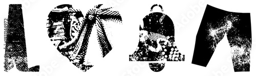 Retro halftone illustration of love heart, bell, and pants, stylized vector art, texture, graphic design elements, isolated.