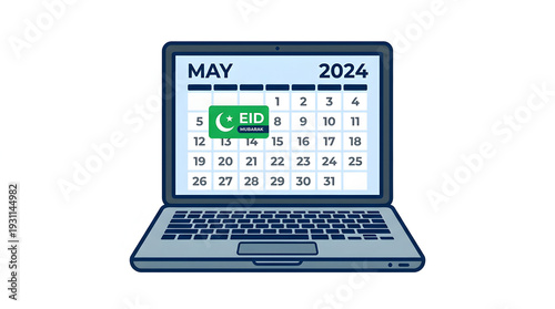May 2024 Calendar on Laptop Screen with Eid Holiday Marker for Religious Event Planning and Travel Schedule