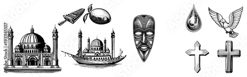 Set of cultural including mosque, olive, dhow, tribal mask,,. Religious, historical, and symbolic motifs. Vector illustration with engraved.