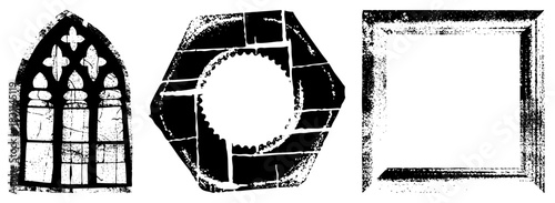 Stylized Gothic window with, circular rose window with segmented panes, square architectural frame, vector silhouette, ecclesiastical design, medieval architecture.