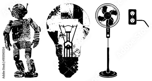 Stylized retro robot, glowing bulb, standing fan, outlet distressed halftone. Classic tech with gritty texture. Perfect for innovation, DIY, or industrial design.