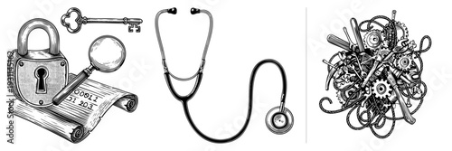 Antique security tools including padlock, skeleton key, and magnifying glass over scroll, symbolizing investigation or archival discovery.