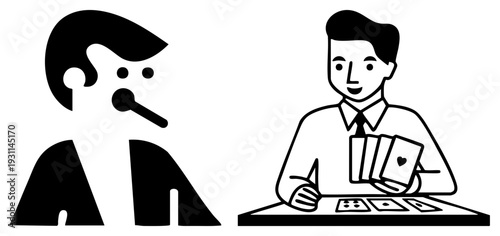 Two players engaged in card game, one holding cards smiling, other reacting with surprised expression, poker table, gambling scene, stylized illustration.