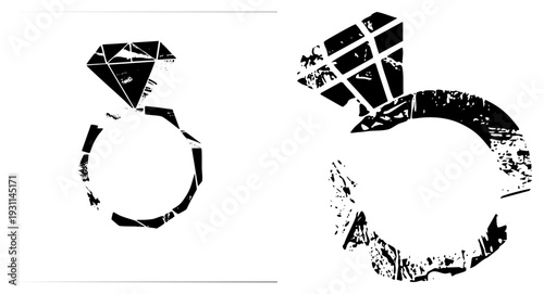 Vintage style engagement ring with textured diamond, graphic art, design, wedding symbol, silhouette illustration, stylized jewelry.