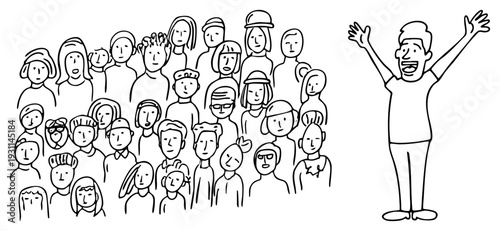 Presenter energizing with raised arms, crowd of stylized listeners, minimalist art, public speaking event, motivational talk.