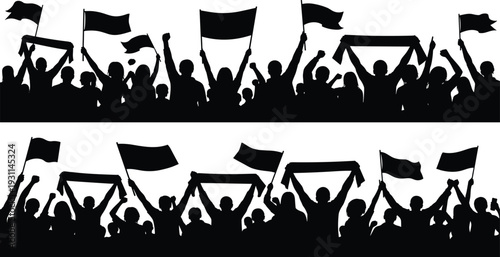 Crowd of protesting people silhouettes waving flags and banners, demonstration rally supporters celebrating victory isolated on white background illustration