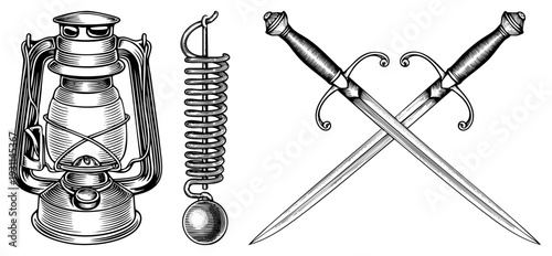 Classic oil lamp with glass shade, weighted pendulum clock bob, antique swords all in detailed art. Retro adventure or historical illustration elements.