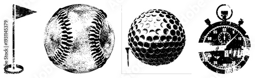 Retro styled halftone vector of golf flag, baseball, golf ball, stopwatch classic sports equipment rendered in gritty dot, ideal for vintage or athletic branding.