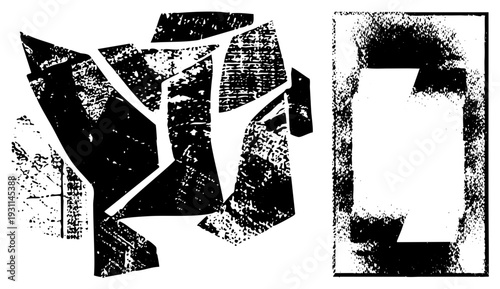 Fragmented black shapes with grainy halftone texture, angular composition, graphic design elements, vector art, isolated forms, stylized abstraction.