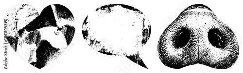 Classic halftone graphic featuring heart, speech bubble, and dog nose stylized retro print, dot, vintage illustration, isolated vector elements.