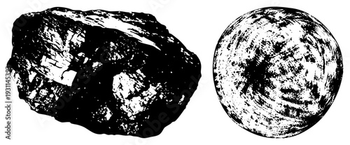 Irregular rock fragment and spherical meteorite rendered in stark black and white, geological samples, planetary debris, scientific illustration, mineral study, cosmic relic.