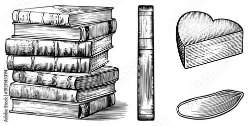 Classic illustrated books with textured bindings, heart shaped book, spine detail, vintage engraving style, educational and romantic symbolism.