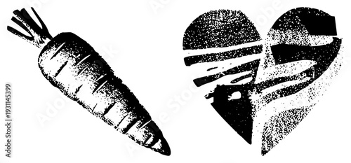 Black and white halftone carrot and heart, graphic elements, vector art, vintage print style, food symbol, love motif, textured illustration.