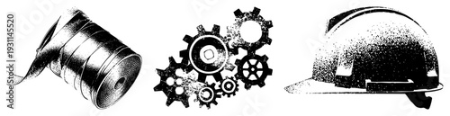 Mechanical gears interlocking, ribbon spool winding, safety helmet silhouette, halftone texture vector graphic, industrial equipment, mechanical design, engineering tools.