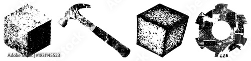 Retro hammer, cube, gear rendered in gritty halftone style, distressed textures, vector graphic, industrial tools, isolated foreground elements.