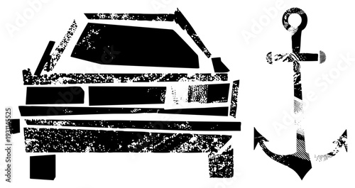 Stylized car silhouette with anchor symbol, distressed black vector graphic, maritime vehicle motif, nautical, retro design aesthetic.