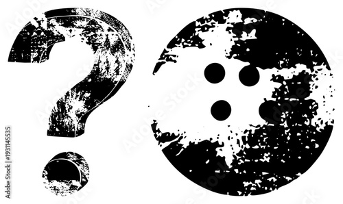 Graphic symbols featuring worn textures, question mark and cookie shape, digital vector art, design, stylized with decayed look.