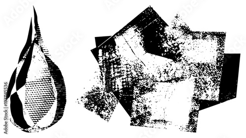 Graphic composition of fragmented geometric forms and stylized tear drop, halftone, vector art,, abstract design, digital illustration.